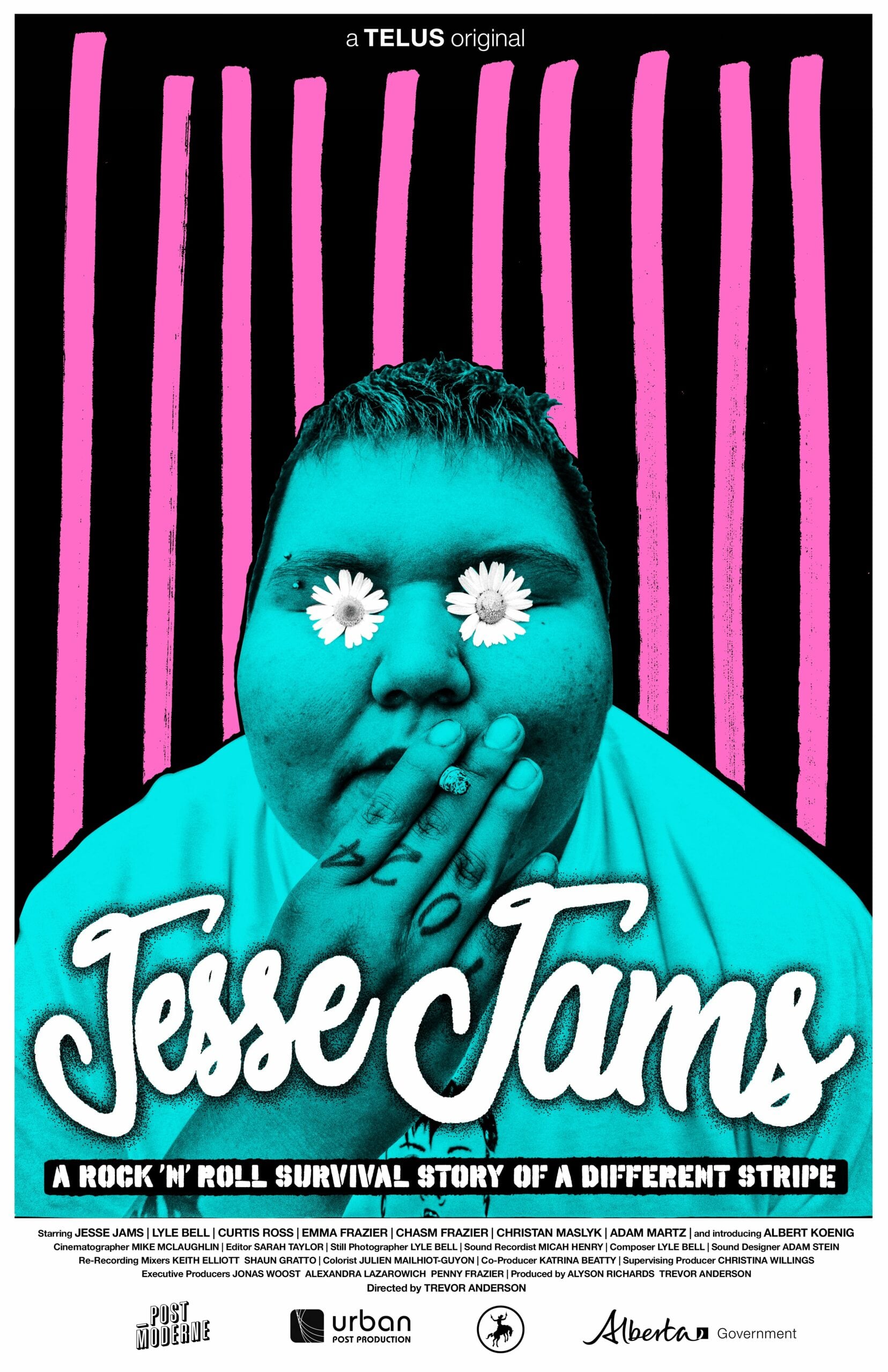 Film poster in pink, black and cyan of a person smoking with flowers pasted on their eyes