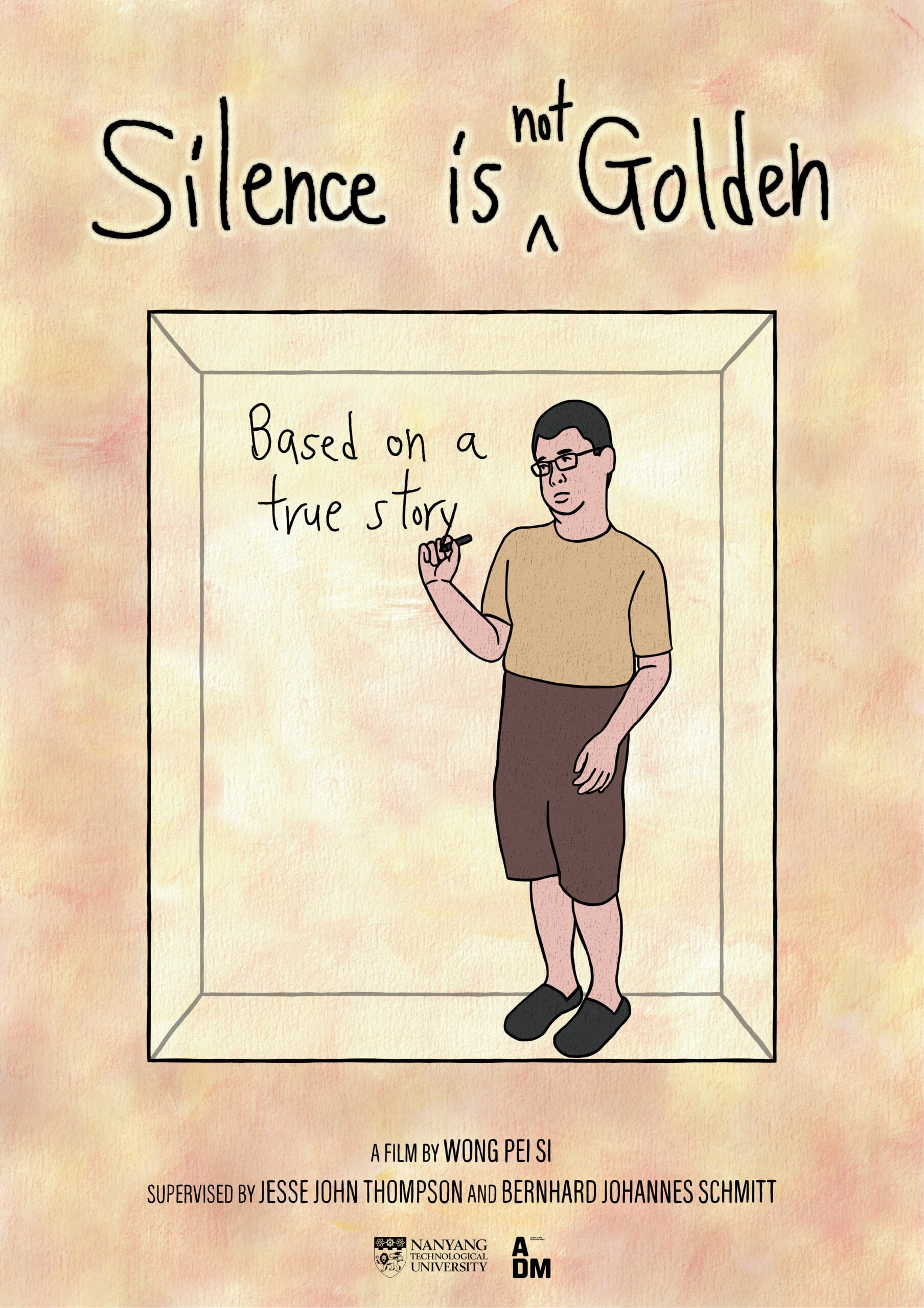 Illustrated poster showing a person with glasses and short dark hair